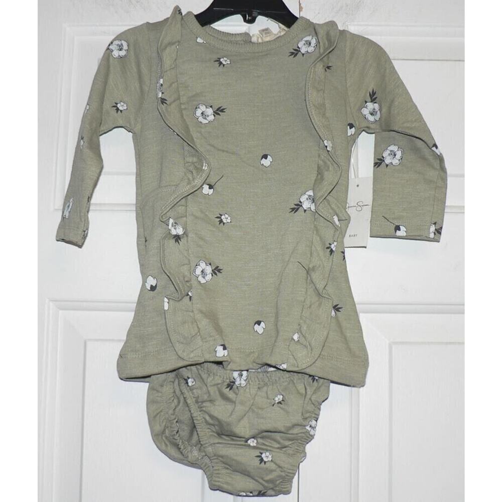 Jessica Simpson Long Sleeve Ruffle Dress &Diaper Cover In Floral Seagrass 12 Mth